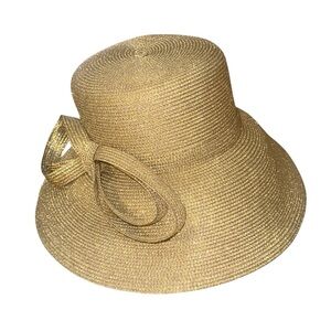 Elegant Gold Shimmer Wide Brim Hat with Sculpted Bow – Fine Millinery by August